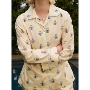 The Cats Pajamas Womens Pajama‎ Top M Honey Queen Bee Print Pima Cotton Cream